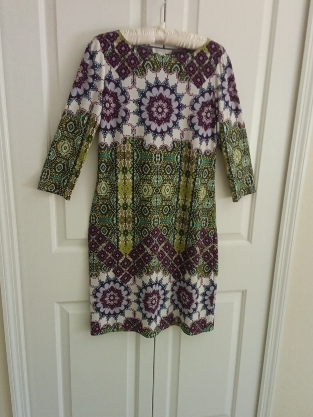 London Times Green and Purple Mosaic Long Sleeve Shift Dress